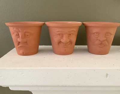 Set of 3 Vintage Terra Cotta Pots with Faces made in England 3" Tall CUTE! - Image 1 of 4