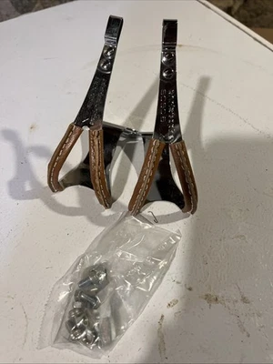 NOS vintage Christophe Special TOE CLIPS Chrome w/ Leather Cover Large France XL - Image 1 of 4