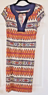 Vestido Trina Turk Seda Talla 4 Hecho en EE. UU. Estampado Geométrico Manga Gorra Cuello en V Foto 1 de 4