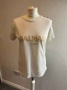 Balmain Center Logo White T-shirt Small Used Some Holes See Pics - Picture 1 of 10