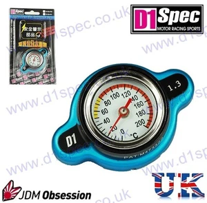 TAPA RADIADOR CARRERAS D1 ESPECIFICACIÓN 1,3kg/cm CON MEDIDOR DE TEMPERATURA AZUL CABEZA GRANDE JDM - Imagen 1 de 2