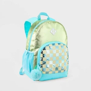 Girl's Cat & Jack 16.5" Sequin Checked Backpack - Lime & Light Blue - OS - NWT - Picture 1 of 1
