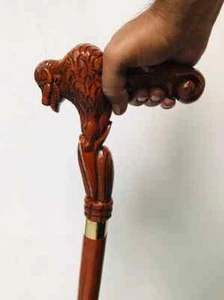 Handmade Handcrafted Brown Bull Head Wood Carved Walking Stick Buffalo - Picture 1 of 5