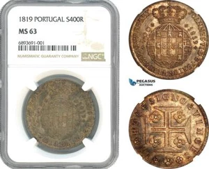 AJ974, Portugal, Joao VI, 400 Reis 1819, Lisbon Mint, Silver, NGC MS63 - Picture 1 of 1