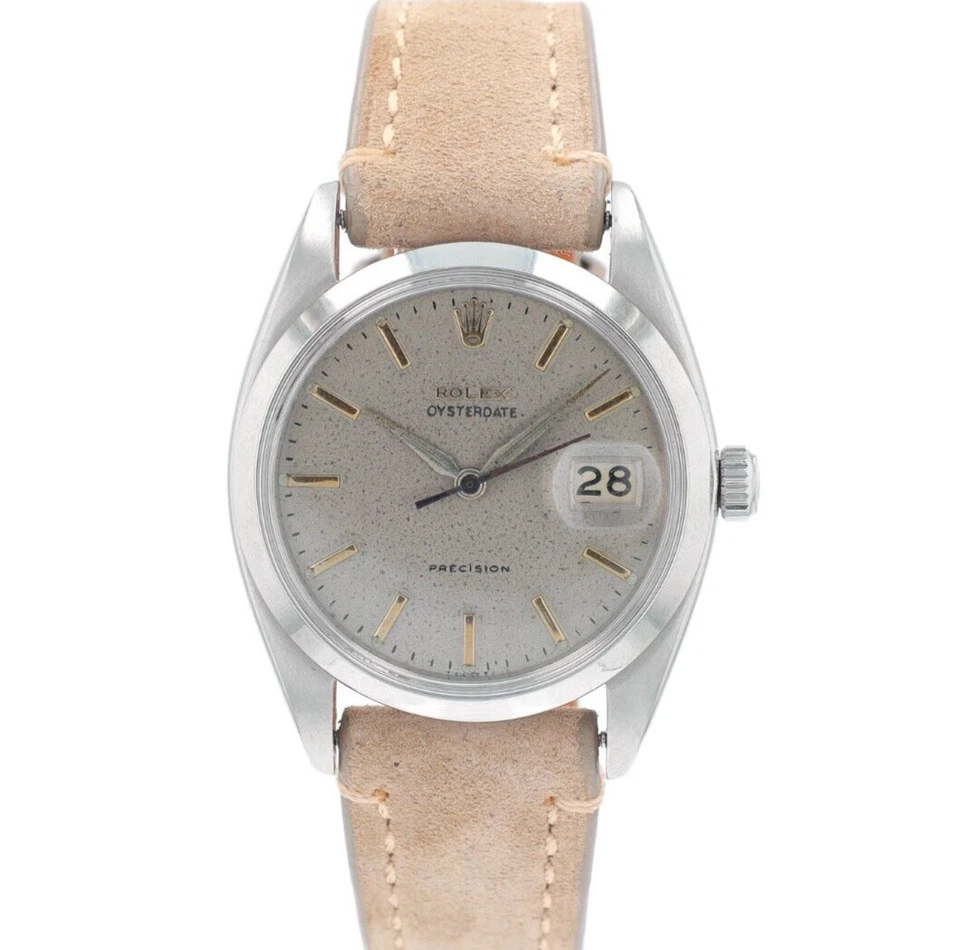 Rolex Reloj Hombre Oyster Fecha 6694 34mm Plata (Patina'd) Índice Oro Amarillo Foto 1 de 4