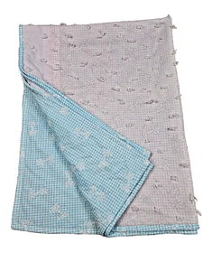 Vtg Reversable Baby Blanket Crib Comforter Homemade Baby Blue and Pink Bows - Picture 1 of 5