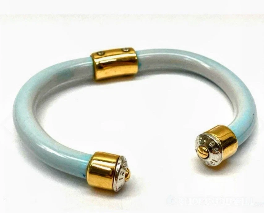 Henri Bendel Vintage Gold Tone Blue Logo Cuff  Bracelet - Image 1 of 3