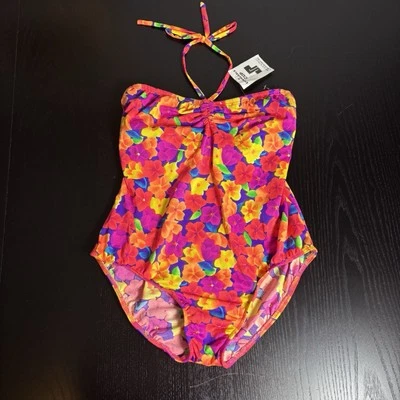 复古 90 年代女式 L(适合小号)连体吊带泳装霓虹花卉印花 — 第 1/4 张图片