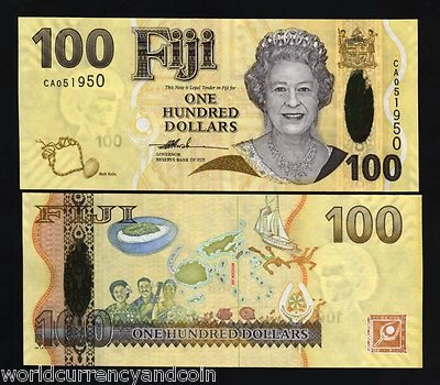 FIJI 100 DOLLAR P-114 2007 BIRD QUEEN GUITAR DIVING FISH UNC HYBRID POLYMER NOTE - Image 1 of 4