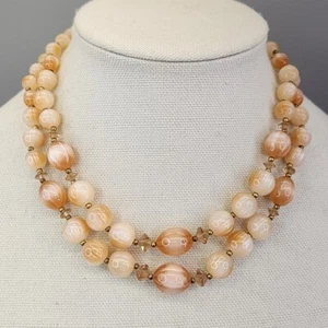 Lisner Beaded Necklace Vtg Peach Beige Moonglow Thermoset Stripes Layered 16" - Picture 1 of 15