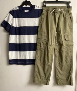 NWT HANNA ANDERSSON Boys Olive Cargo Pull On Pant & Stripe Tee Shirt SZ  6-7 Set - Picture 1 of 6