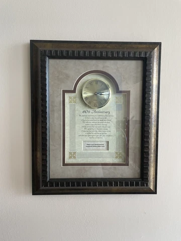 60th Anniversary Glass Covered Framed Quartz Wall Clock 15" x 18" Thee Dimension Cover