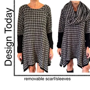 DESIGN TODAY'S Black /Gray houndstooth Assymetrical Dress W Removable Collar, M - Picture 1 of 3