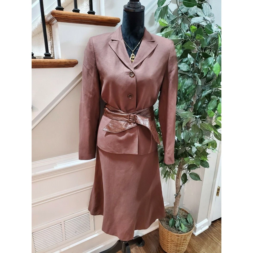Chaqueta y falda Evan Picone para mujer marrón lino y rayón manga larga 2 piezas traje 6 Foto 1 de 4