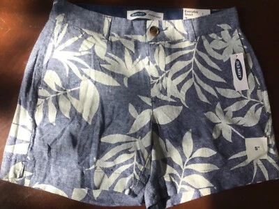Nuevo con etiquetas Pantalones Cortos Antiguos Azul Marino Diario Mezcla de Lino Talla 2 Blanco Azul Floral Bolsillo Frontal Foto 1 de 4