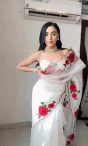 White tibby silk rose thread work ready to wear saree - Picture 1 of 7