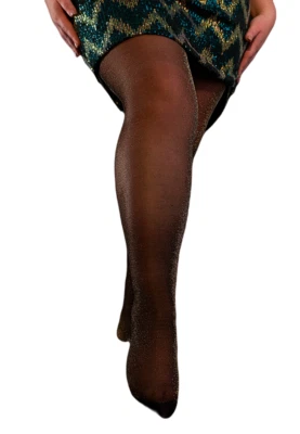 Glittery Party Tights Sparkly Sheer 30 Denier Black Gold Glitter XL Plus 12-16 — 第 1/4 张图片