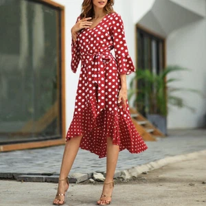 Gepunktetes Kleid Damen Größe Sommer Damen Neu Schwarz Weiß Rot Lang Urlaub Strand - Bild 1 von 7