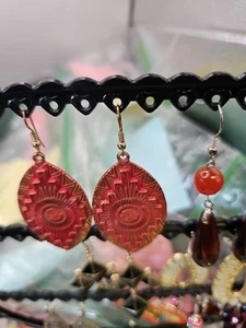 Bright Red Enamel Earrings Festive Gold Tone 2 Inches Long Pierced - Picture 1 of 6