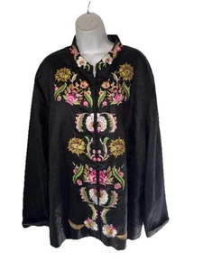 Anne Carson Woman Floral Embroidered Black Linen Zip Up Jacket Sz 3X - Picture 1 of 5