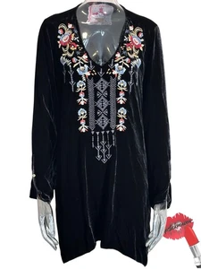 Johnny Was Black Velvet Tunic Top Women XL Mini Dress Embroidered Blouse BOHO - Picture 1 of 15