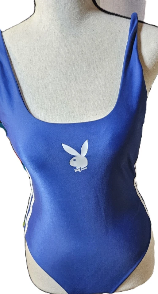 Maiô Playboy azul peça única com coelho branco/listras Y2K feminino tamanho P/M/G - Imagem 1 de 4