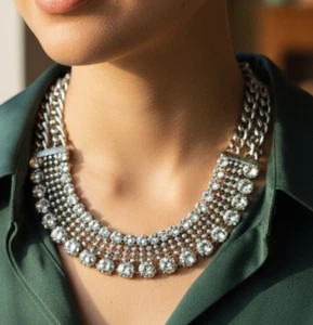 Rachel Zoe For Box Of Style Silver Tone Rhinestone Collar Choker Necklace - Picture 1 of 6