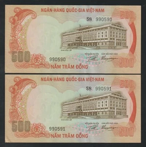 1972 South Vietnam National Consecutive Pair Năm Trăm Đồng Banknotes Pick 33a - Picture 1 of 3
