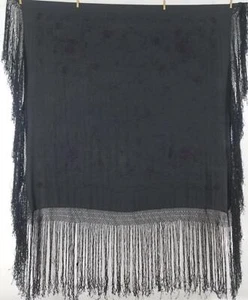 Antikes chinesisches Klavierschal Seide handbestickt Blumen Fransen 125 x 124 cm - Bild 1 von 12