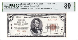 $5 1929 T1 National CHERRY VALLEY New York NY 🇺🇸 Rare 🇺🇸 Only 10 on Census! - Picture 1 of 2