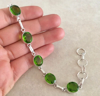 BRAZALETE CADENA ESLABONES PLATA ESTERLINA 925 PERIDOTO VERDE OVALADO NATURAL 7,5" HECHO A MANO Foto 1 de 4