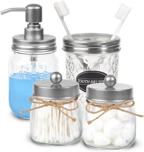 Mason Jar Bathroom Accessories Set Silver 4Pcs Apothecary Jars Toothbrush Holder - Picture 1 of 8