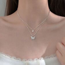 Double Layer Butterfly Pendant Necklace Silver Chain Choker Womens Jewelry Gifts