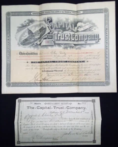 VTG ANTIQUE 1894 STOCK CERTIFICATE CAPITAL TRUST CO WASHINGTON DC W/RECEIPT F - Picture 1 of 2