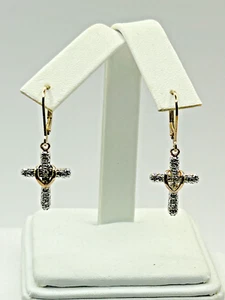 ROSS SIMONS Gold Over Sterling Silver Two Tone Religious Cross Dangle Earrings - Picture 1 of 5