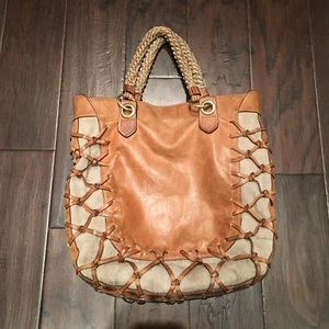 GRYSON LEATHER TAN PURSE HANDBAG Tote Canvas - Picture 1 of 10