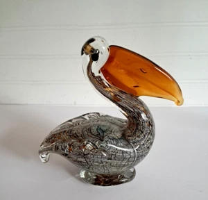 Vintage Hand Blown Art Glass Pelican Bird Figurine 6x6 Metallic Clear Amber - Picture 1 of 22