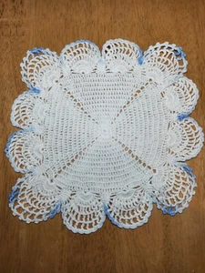 Vintage Crocheted Doily Square Shaped With Blue Ombre Scalloped Edges - Picture 1 of 5