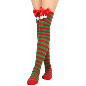 Navidad Moño Bola Calcetines Bola Calcetines Sobre la Rodilla Calcetines A Rayas Calcetines OS Mujeres - Imagen 1 de 2