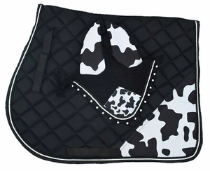 COW PRINT SADDLE PAD SET ENGLISH SADDLE PAD WITH MATCHING FLY BONNET - Picture 1 of 2