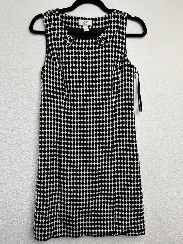Loft Wool Blend Black White Houndstooth Polka Dot Sleeveless Shift Mod Dress 6P - Image 1 of 4