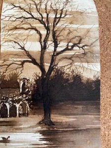 19th Century MINIATURE WATER COLOUR CHURCH DUCK POND & TREE - Picture 1 of 3
