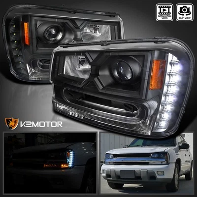 Black Fits 2002-2009 Chevy Trailblazer LED Strip Projector Headlights Left+Right - Image 1 of 4