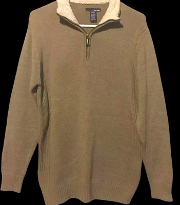 Basic Editions Cotton Acrylic Sweater Mens 1/4 Zipper Tan Sherpa Collar Great - Image 1 of 4