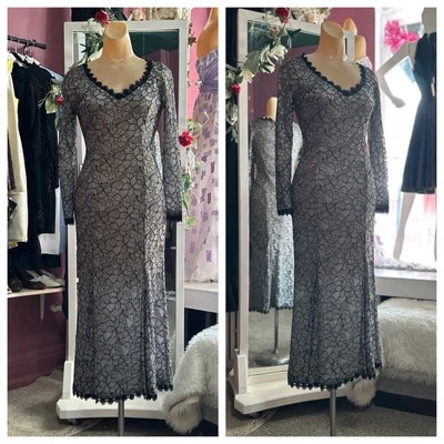 Vintage 90s Midi Maxi Dress Silver Black Floral Lace Semi Sheer Grunge Witchy S - Image 1 of 4