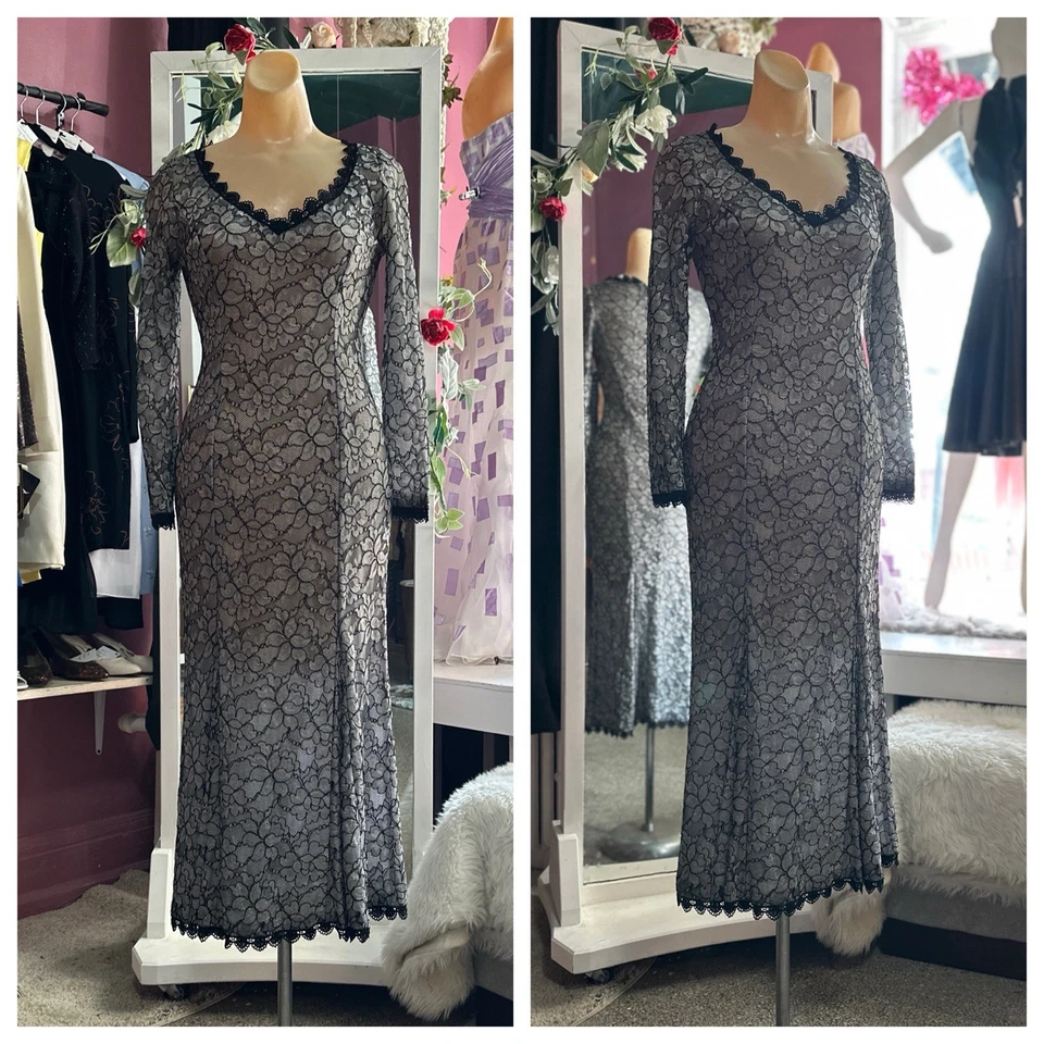 Maxi Vestido Midi Vintage Años 90 Plateado Negro Floral Encaje Semi Transparente Grunge Bruja S Foto 1 de 4