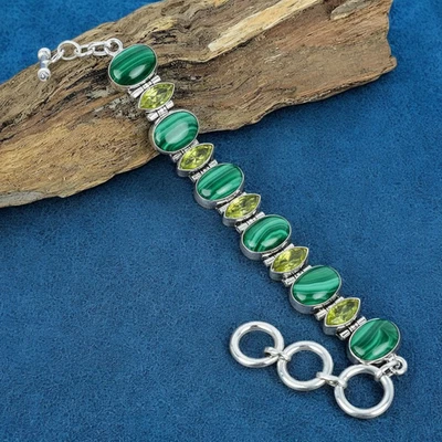 Malachite Peridot Bracelet 925 Sterling Silver Handmade Gemstone Link Jewelry - Image 1 of 4