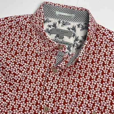 Ted Baker London Mens 3 Red White Floral Flowers Casual Button Down Short Sleeve - Image 1 of 4