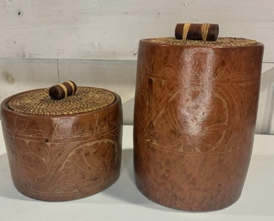 Market Bazaar Stoneware Ceramic Terracotta Canister Set Woven Lid  Rustic Boho - Image 1 of 4