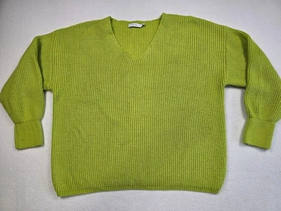 Suéter grande tejido verde lima con cuello en V para mujer Foto 1 de 4